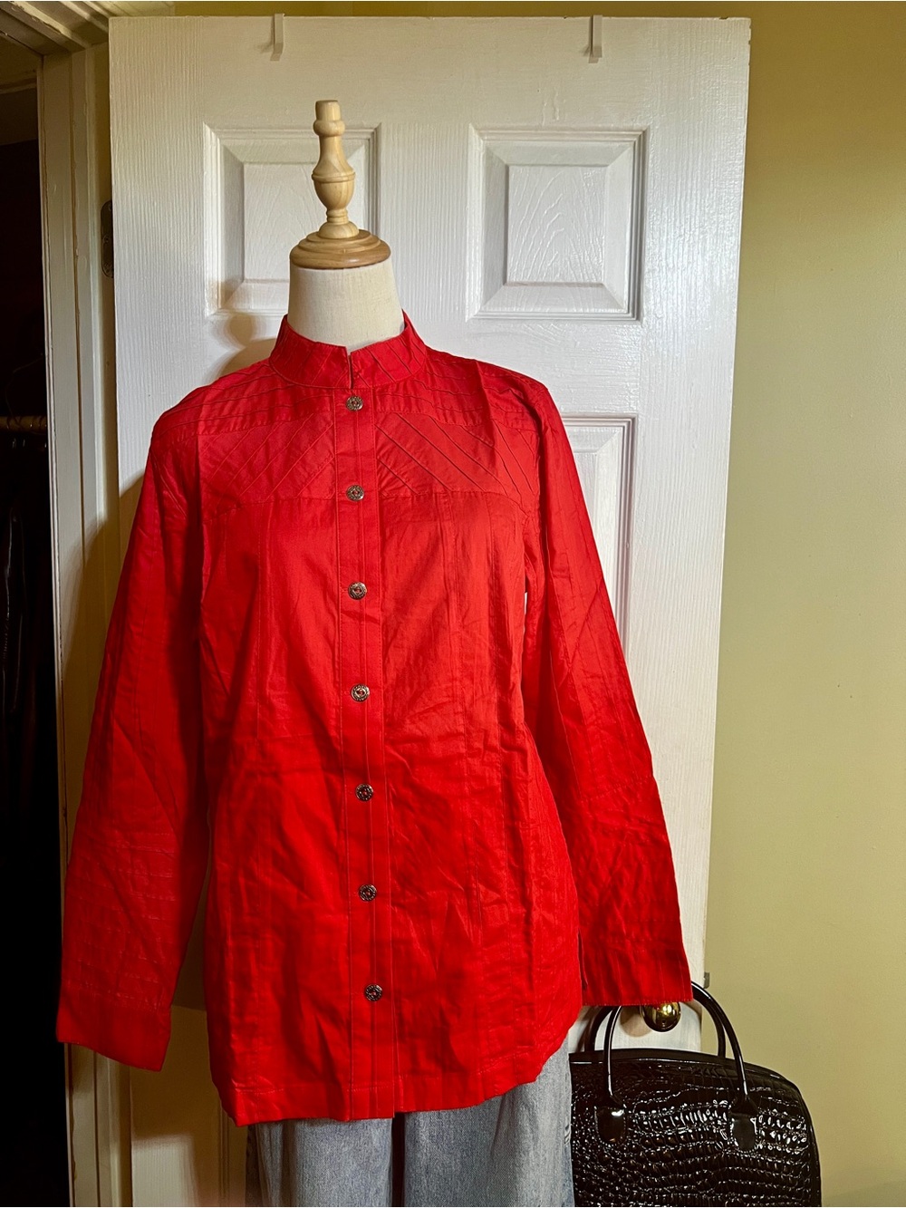 Denim & Co Wms Red Cotton Pleated Pintuck High Neck Tunic Pocket Shirt Jacket M